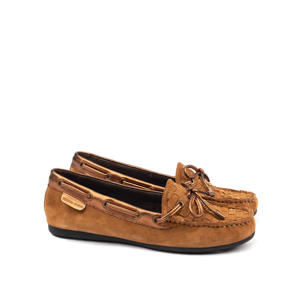Howard Shawn Women's Woven Suede Moccasin Loafers – Intrecciato Boat Shoe Flat with Bow