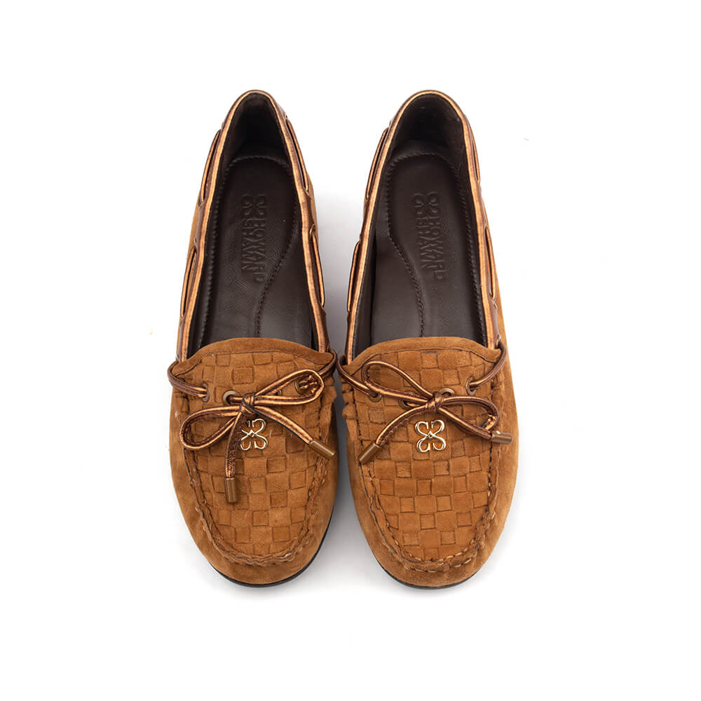 Howard Shawn Women's Woven Suede Moccasin Loafers – Intrecciato Boat Shoe Flat with Bow