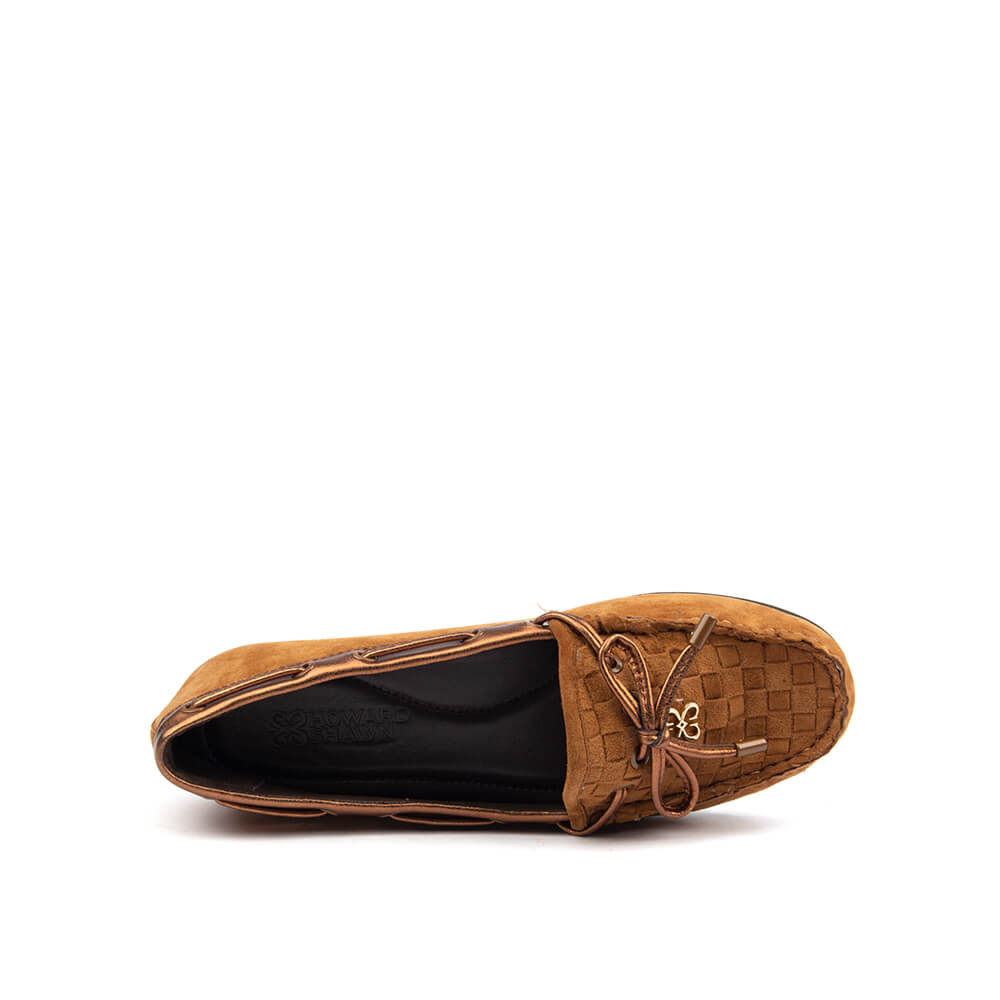 Howard Shawn Women's Woven Suede Moccasin Loafers – Intrecciato Boat Shoe Flat with Bow