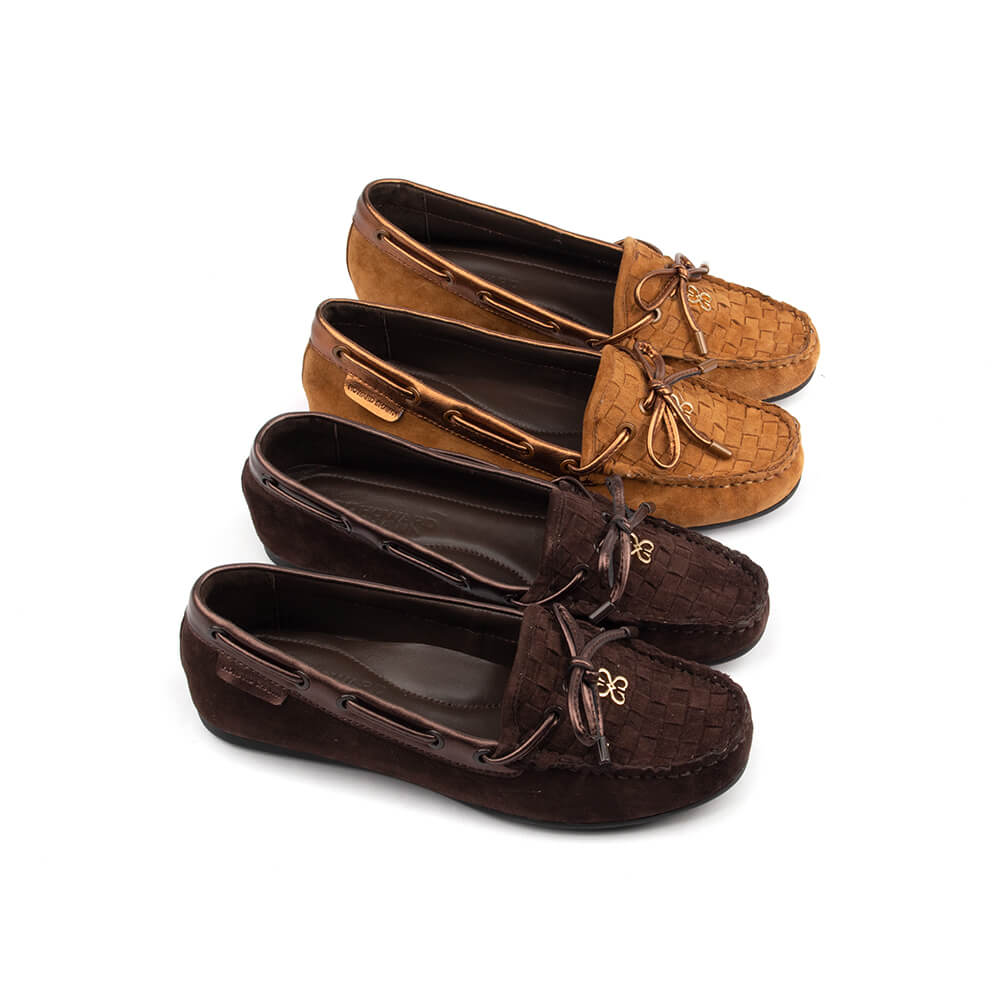 Howard Shawn Women's Woven Suede Moccasin Loafers – Intrecciato Boat Shoe Flat with Bow