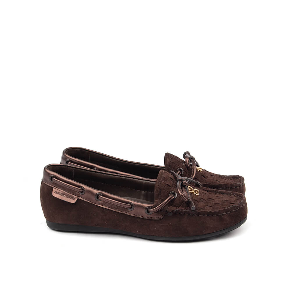 Howard Shawn Women's Woven Suede Moccasin Loafers – Intrecciato Boat Shoe Flat with Bow