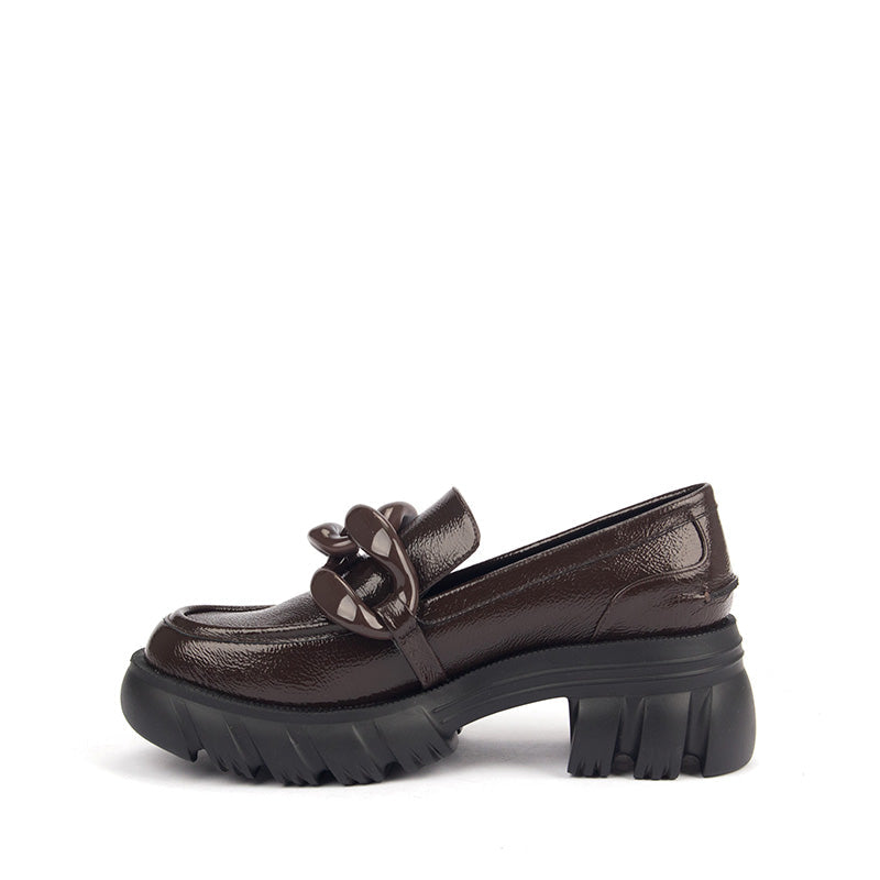 Brown Patterned Leather Loafers with Big Buckle