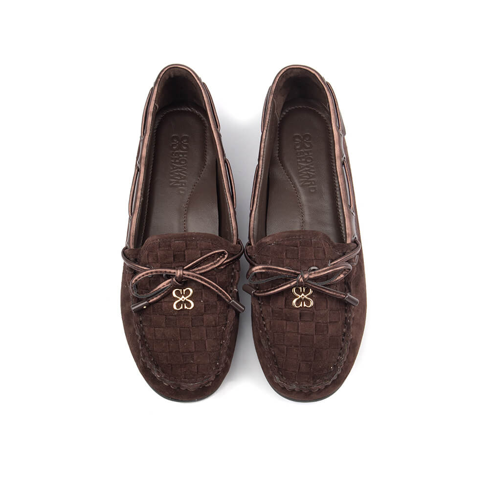 Howard Shawn Women's Woven Suede Moccasin Loafers – Intrecciato Boat Shoe Flat with Bow