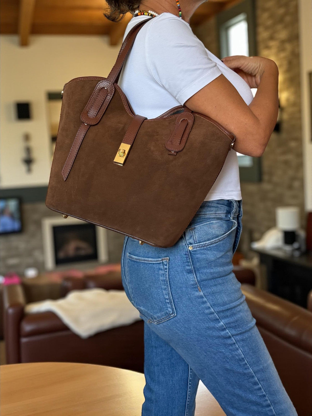 Leather & Suede Trapezoid Shopper | Italian Work Tote in Camel & Chocolate
