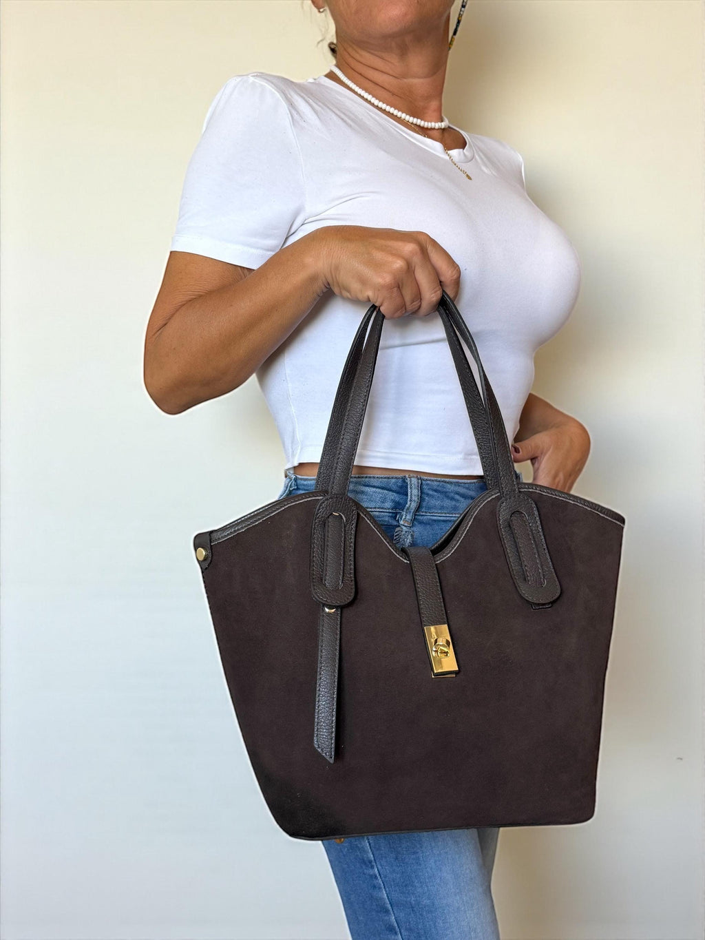 Brown Leather & Suede Trapezoid Shopper | Handcrafted Italian Work Tote