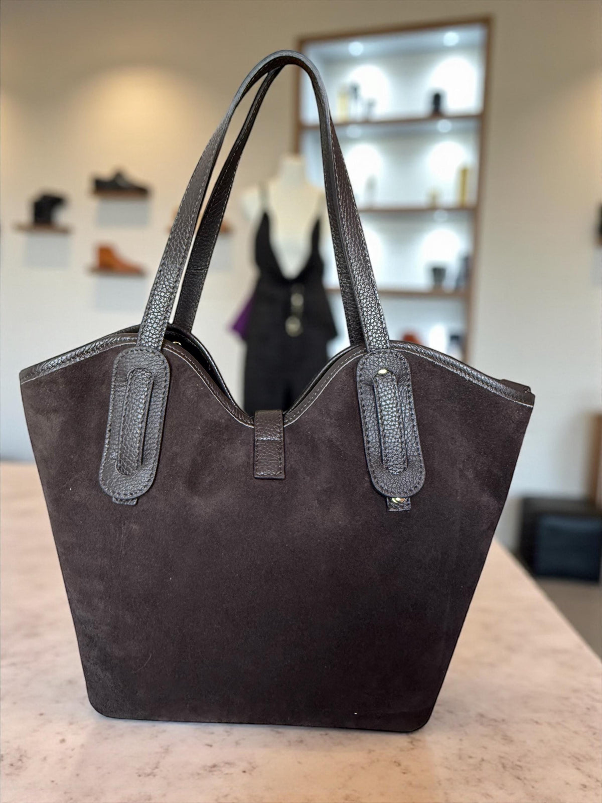 Leather & Suede Trapezoid Shopper | Italian Work Tote in Camel & Chocolate