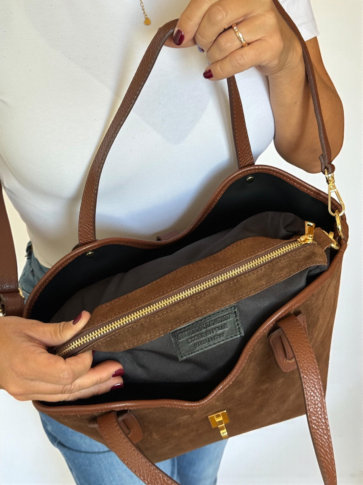 Brown Leather & Suede Trapezoid Shopper | Handcrafted Italian Work Tote