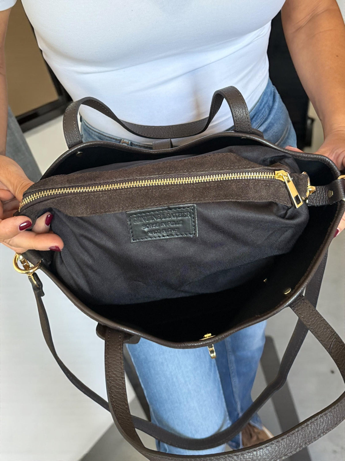 Brown Leather & Suede Trapezoid Shopper | Handcrafted Italian Work Tote
