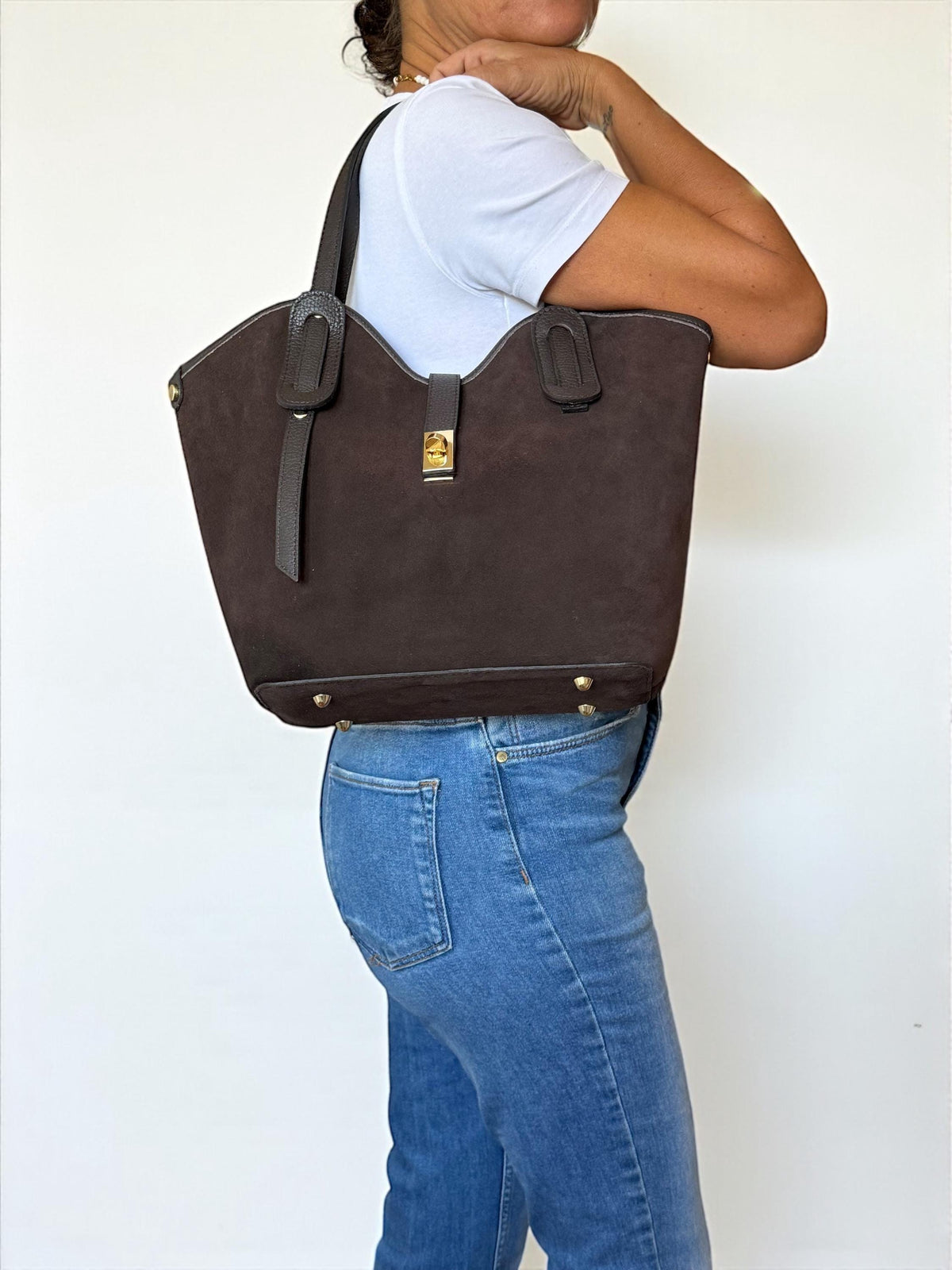 Leather & Suede Trapezoid Shopper | Italian Work Tote in Camel & Chocolate