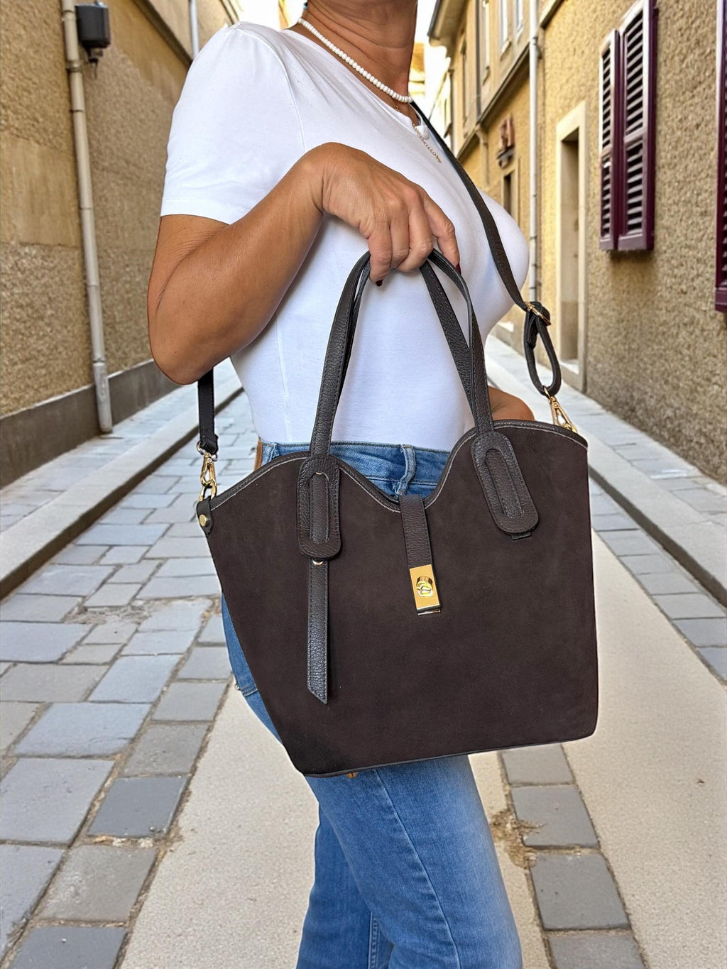 Leather & Suede Trapezoid Shopper | Italian Work Tote in Camel & Chocolate
