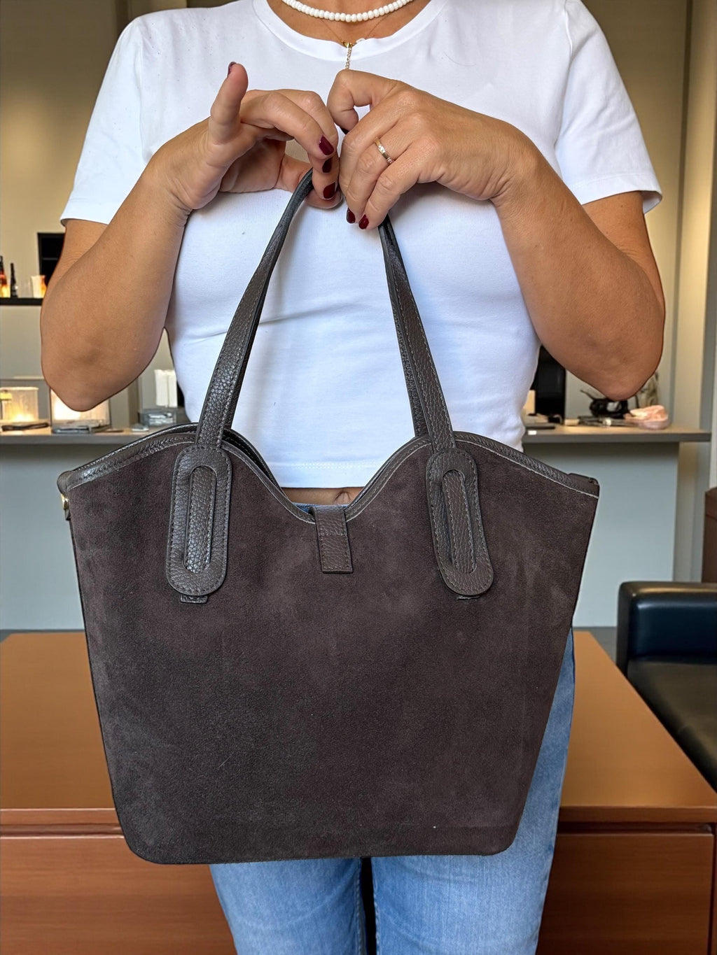 Brown Leather & Suede Trapezoid Shopper | Handcrafted Italian Work Tote