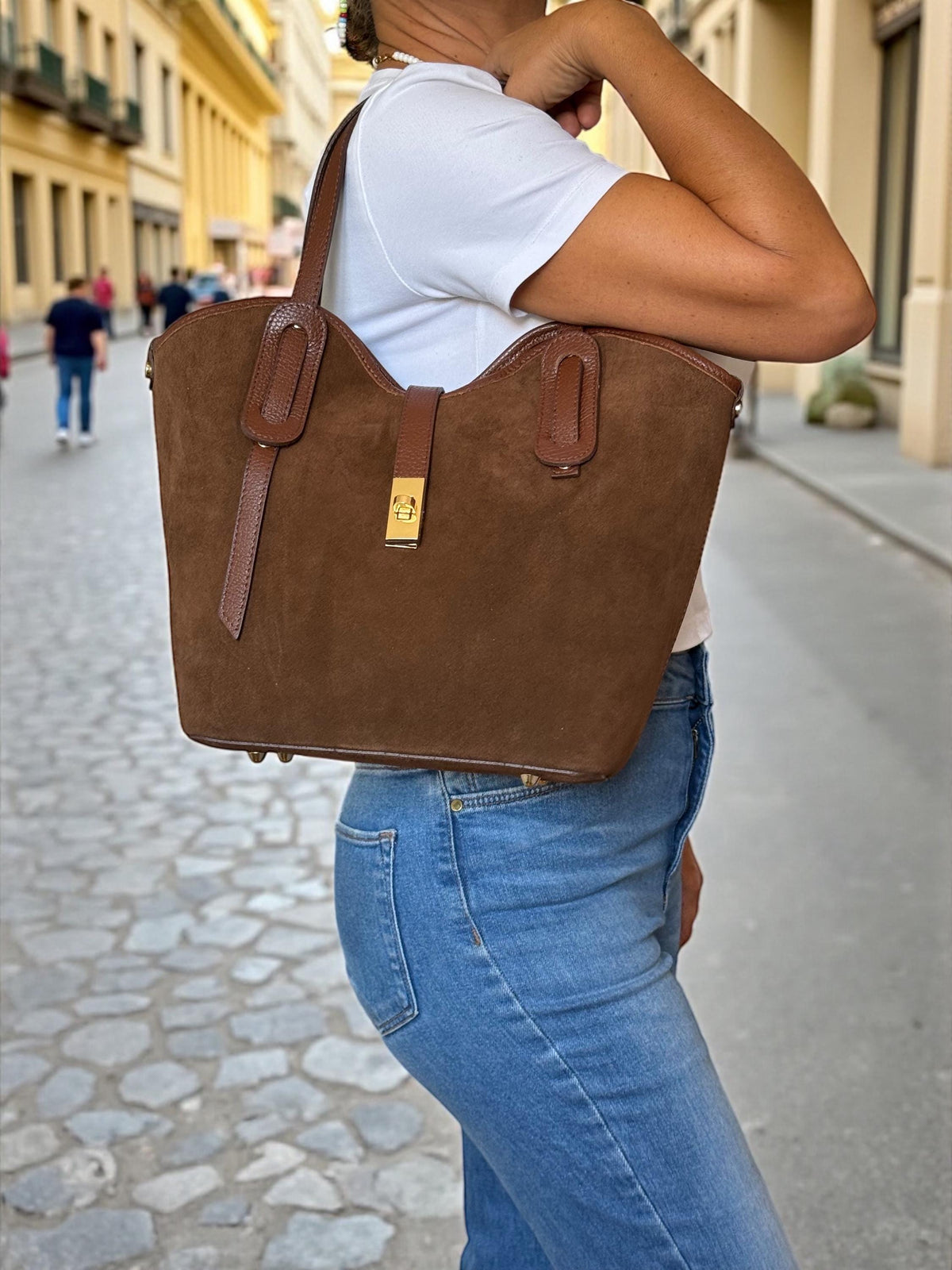Brown Leather & Suede Trapezoid Shopper | Handcrafted Italian Work Tote