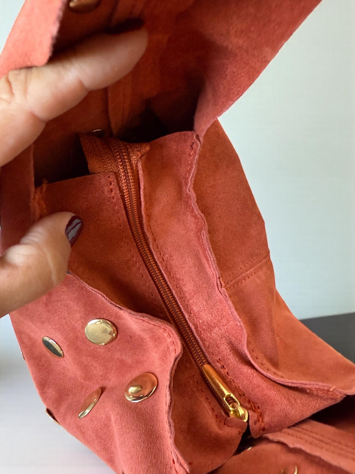 Suede Shoulder Bag with Oversized Studs | Terracotta Italian Handbag