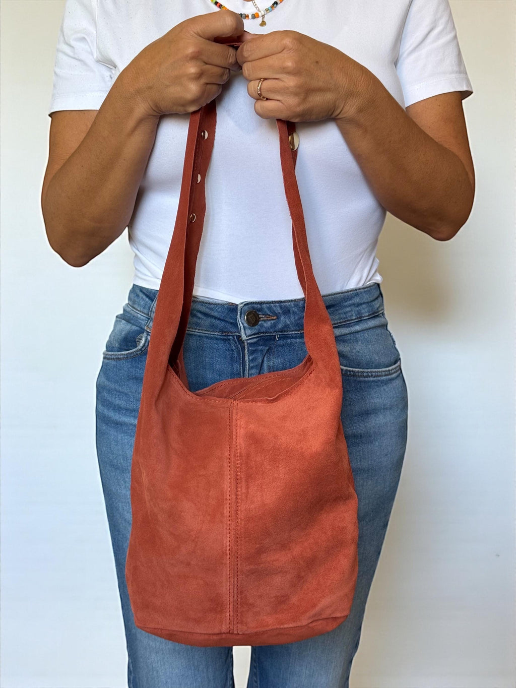 Suede Shoulder Bag with Oversized Studs | Terracotta Italian Handbag