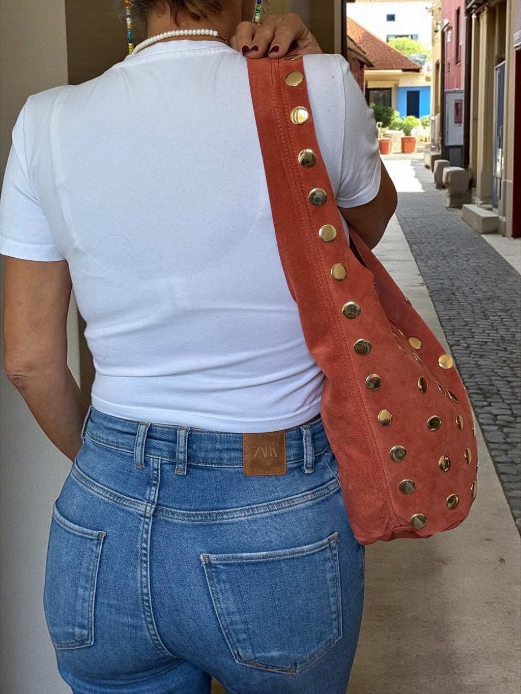 Suede Shoulder Bag with Oversized Studs | Terracotta Italian Handbag