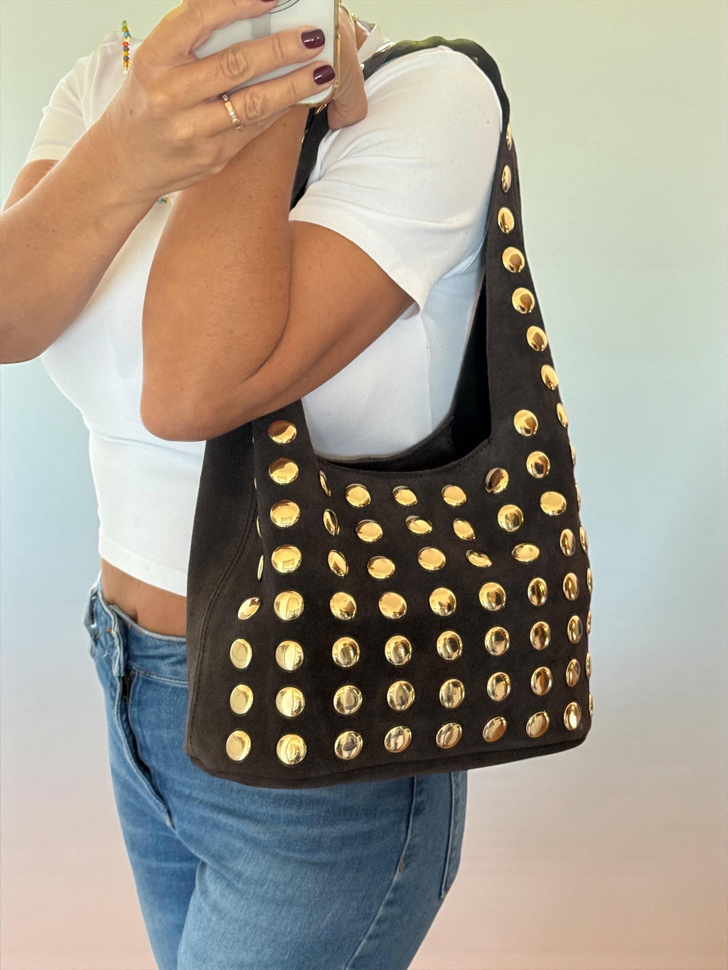 Extra Soft Suede Gold-Studded Shoulder Bag