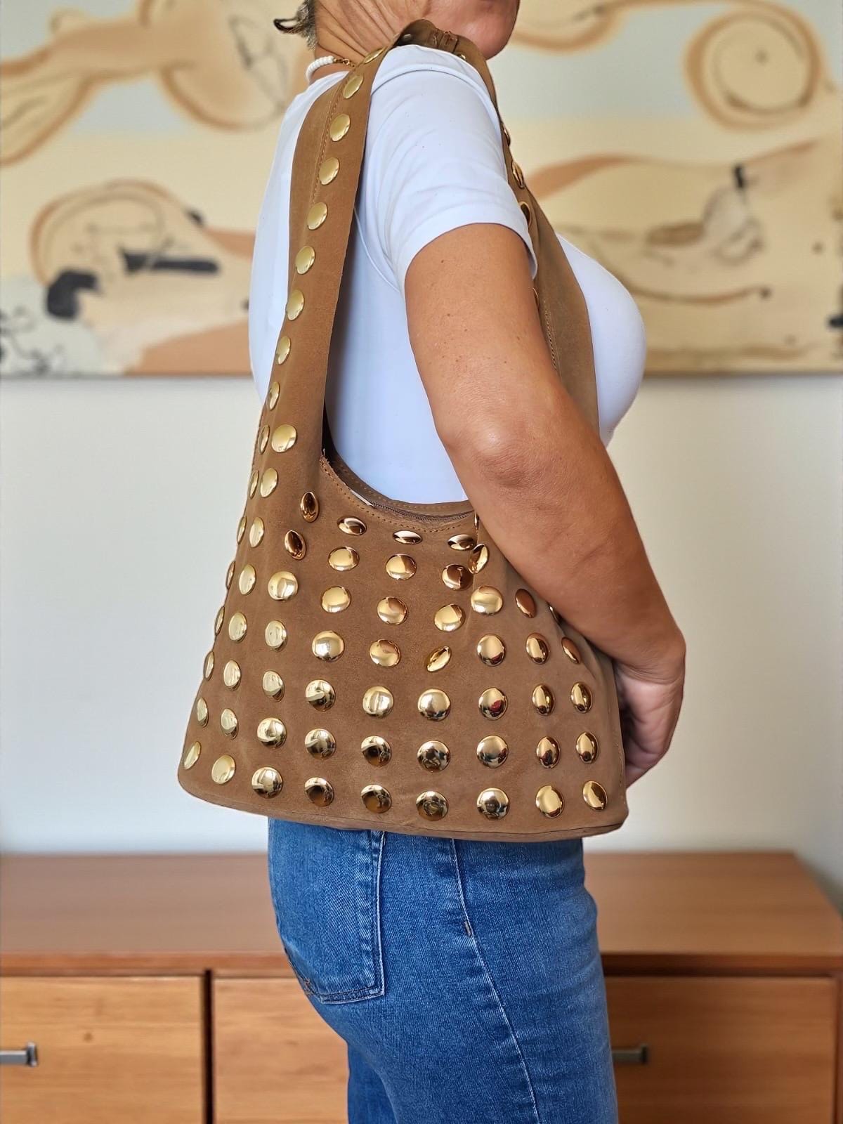 Extra Soft Suede Gold-Studded Shoulder Bag