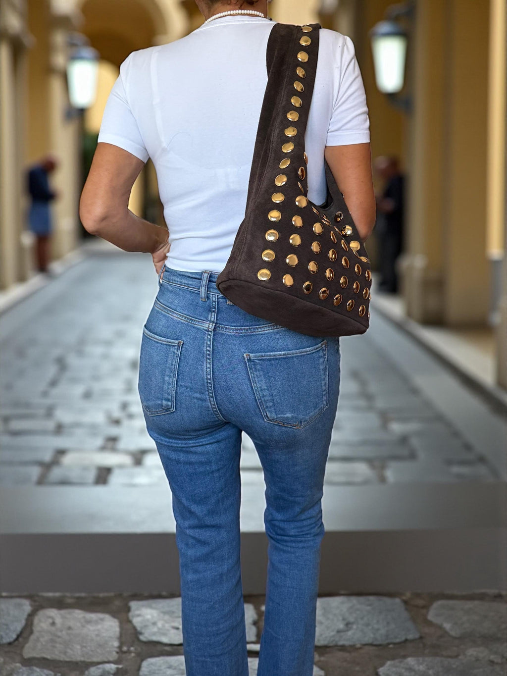 Extra Soft Suede Gold-Studded Shoulder Bag