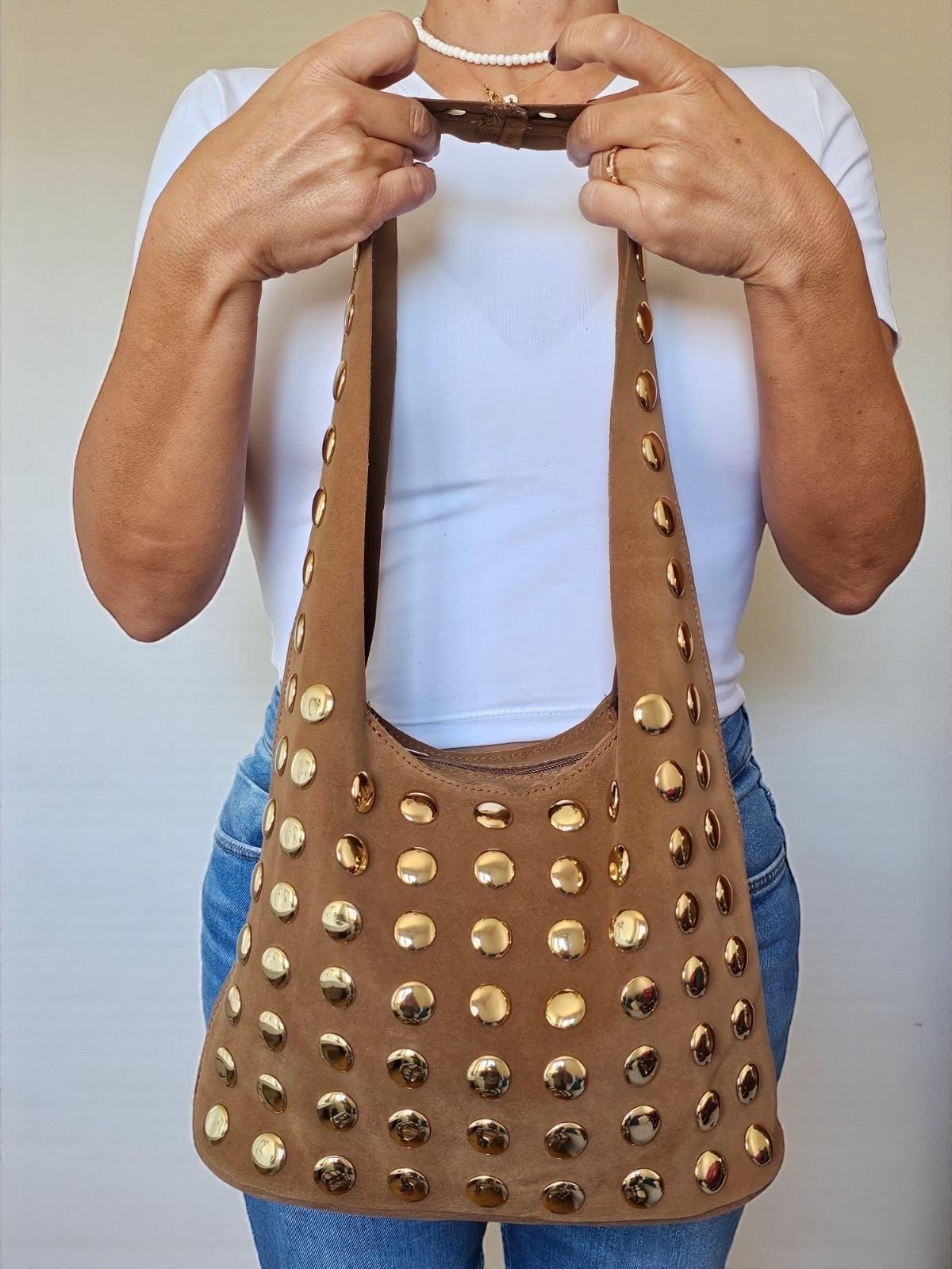 Extra Soft Suede Gold-Studded Shoulder Bag