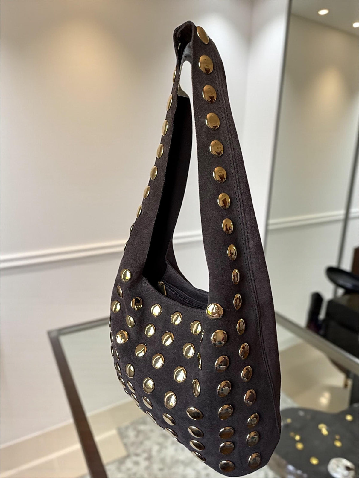 Extra Soft Suede Gold-Studded Shoulder Bag