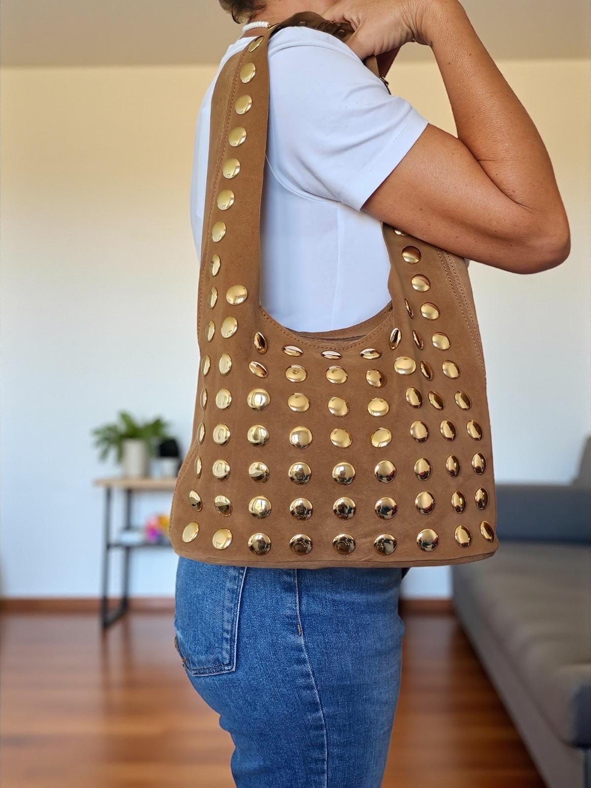 Extra Soft Suede Gold-Studded Shoulder Bag