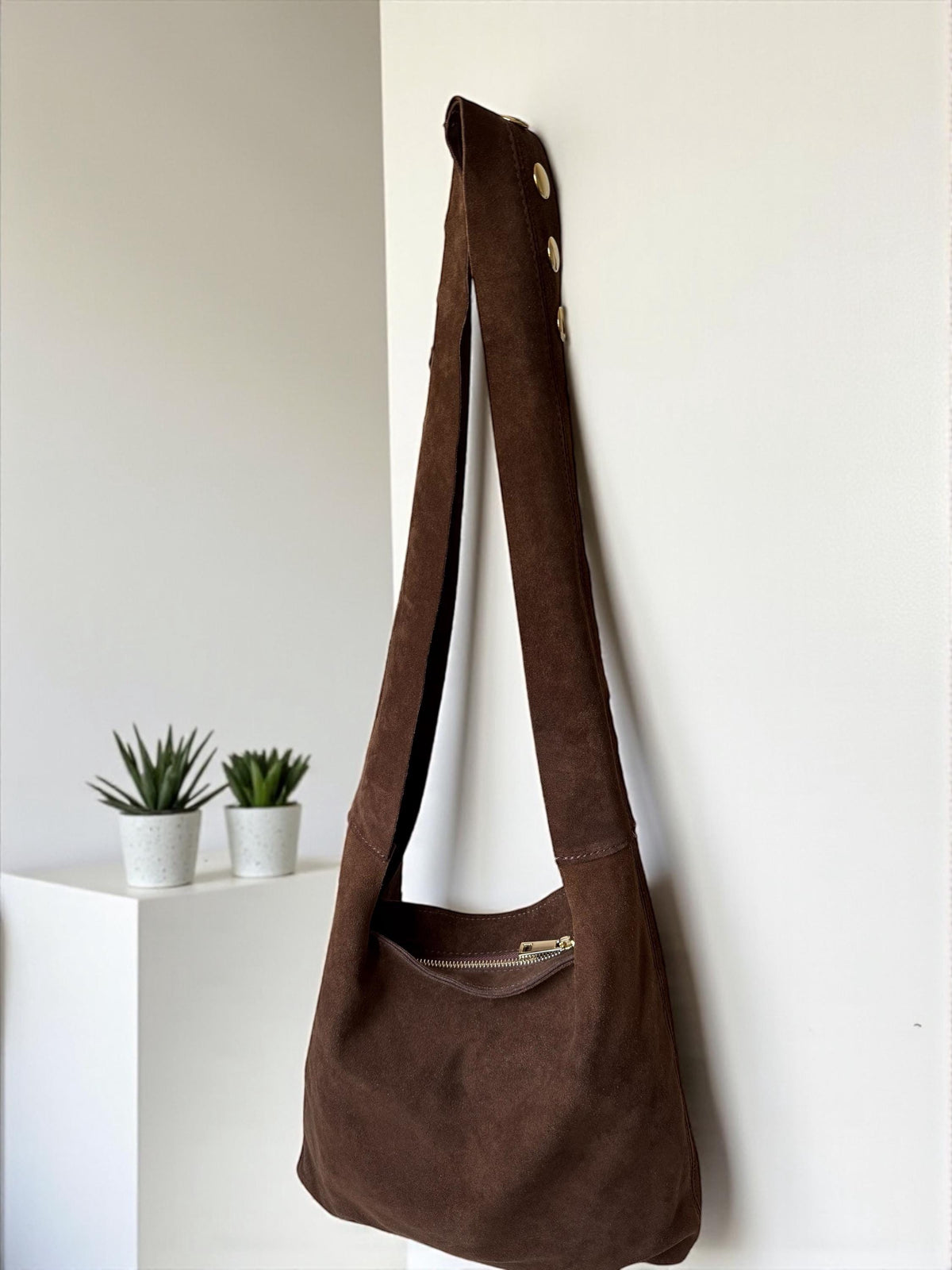 Large Studded Suede Shoulder Bag | Gold-Studded Boho Hobo Bag