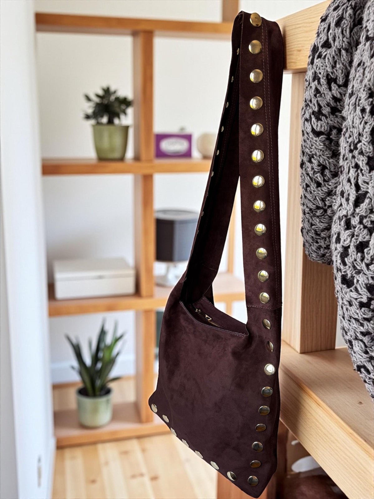 Large Studded Suede Shoulder Bag | Gold-Studded Boho Hobo Bag