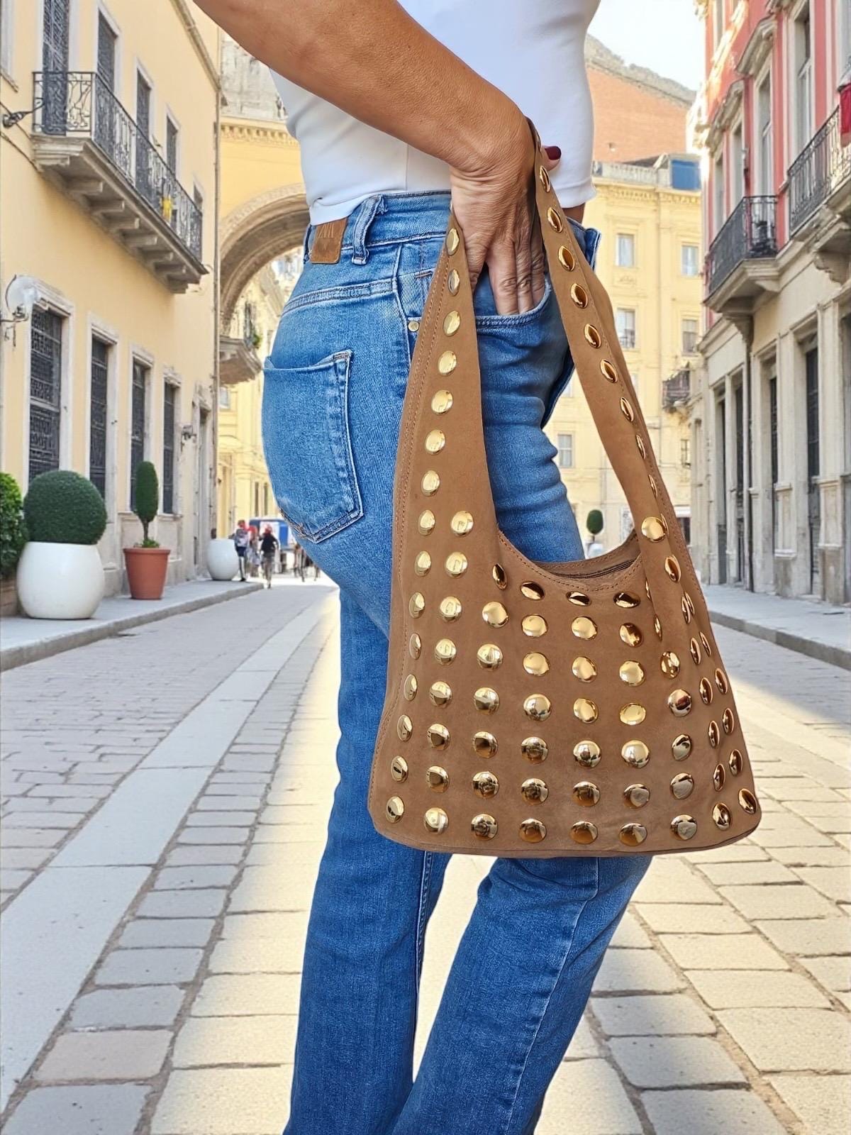 Extra Soft Suede Gold-Studded Shoulder Bag