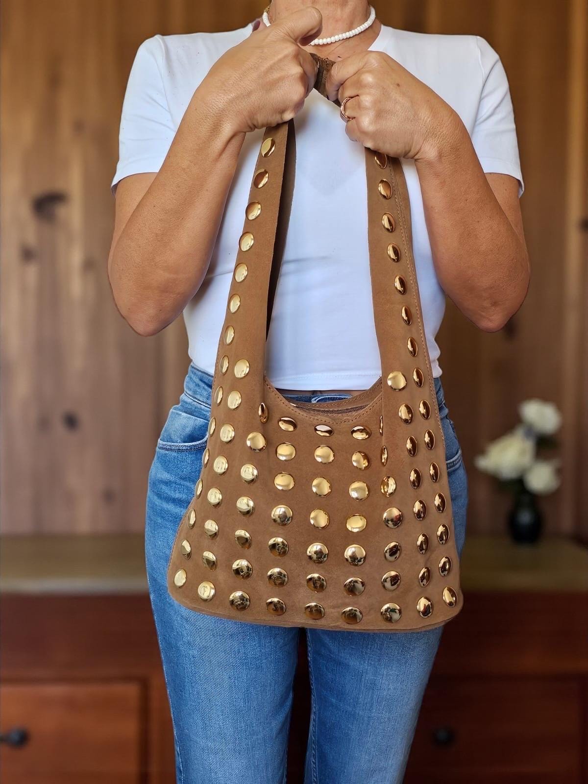 Extra Soft Suede Gold-Studded Shoulder Bag