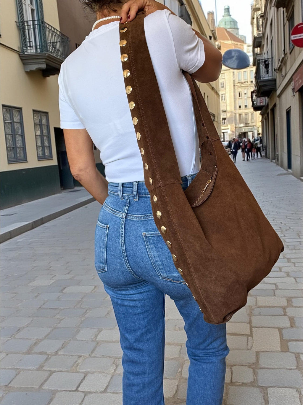 Large Studded Suede Shoulder Bag | Gold-Studded Boho Hobo Bag