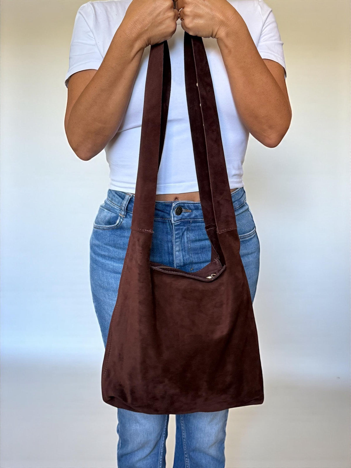 Large Studded Suede Shoulder Bag | Gold-Studded Boho Hobo Bag