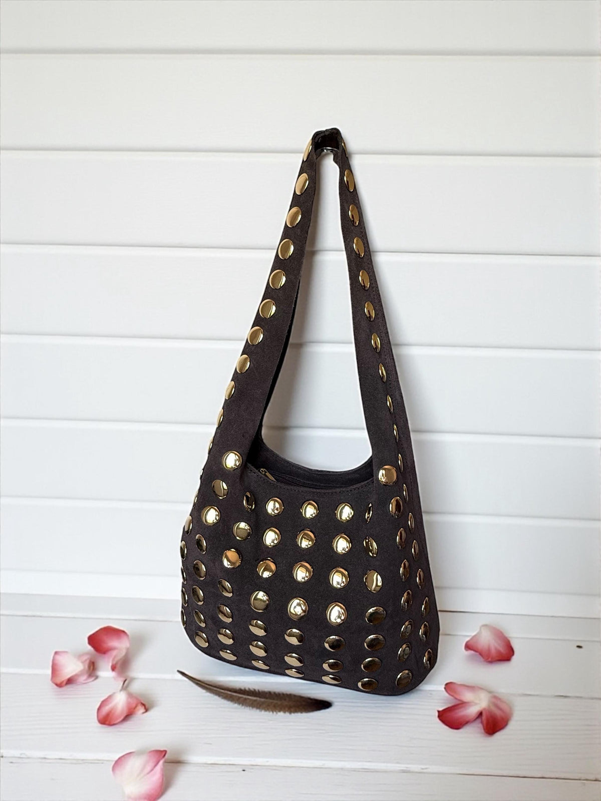 Extra Soft and Flexible Suede Shoulder Bag with Gold Studs