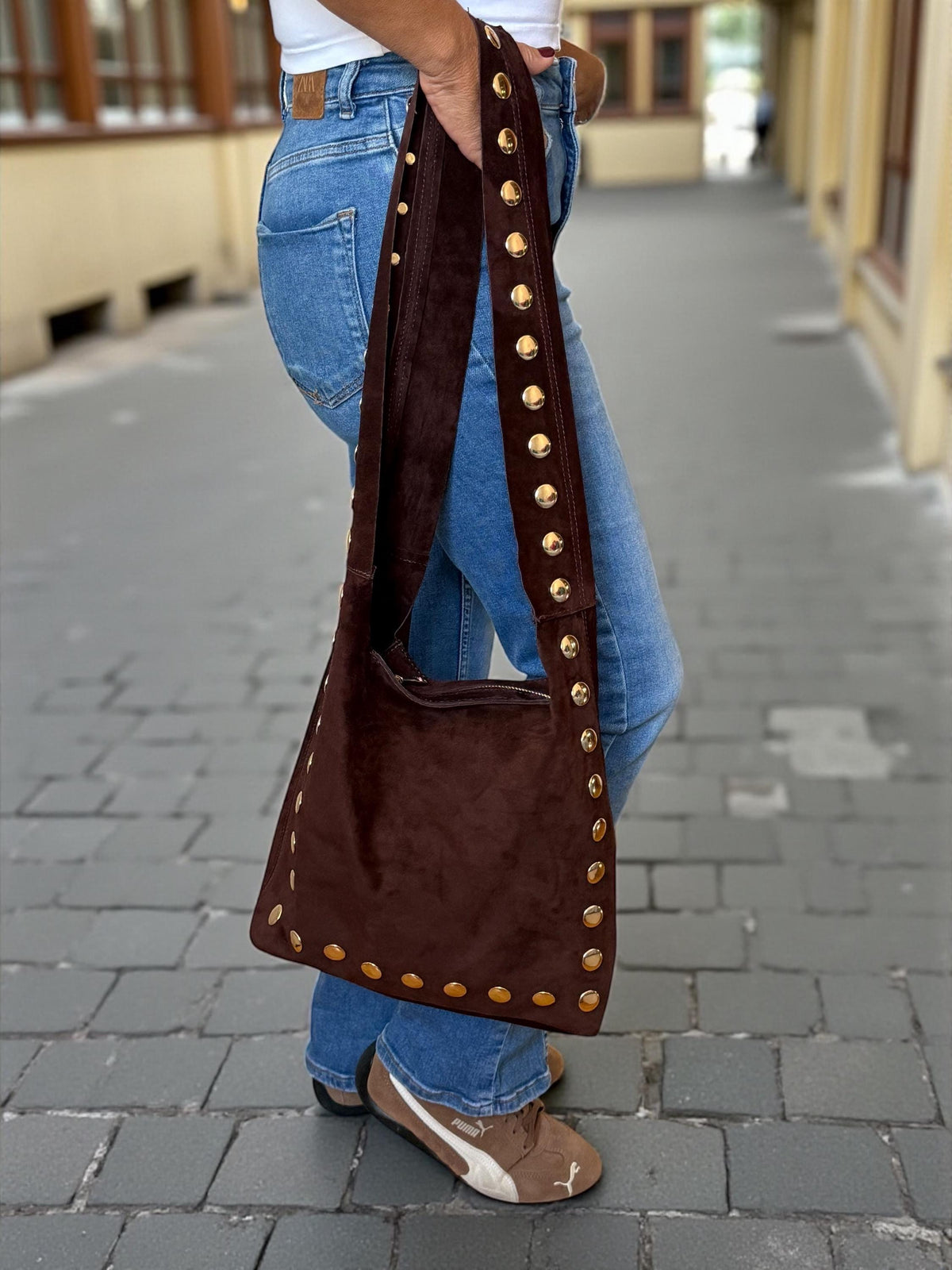 Large Studded Suede Shoulder Bag | Gold-Studded Boho Hobo Bag