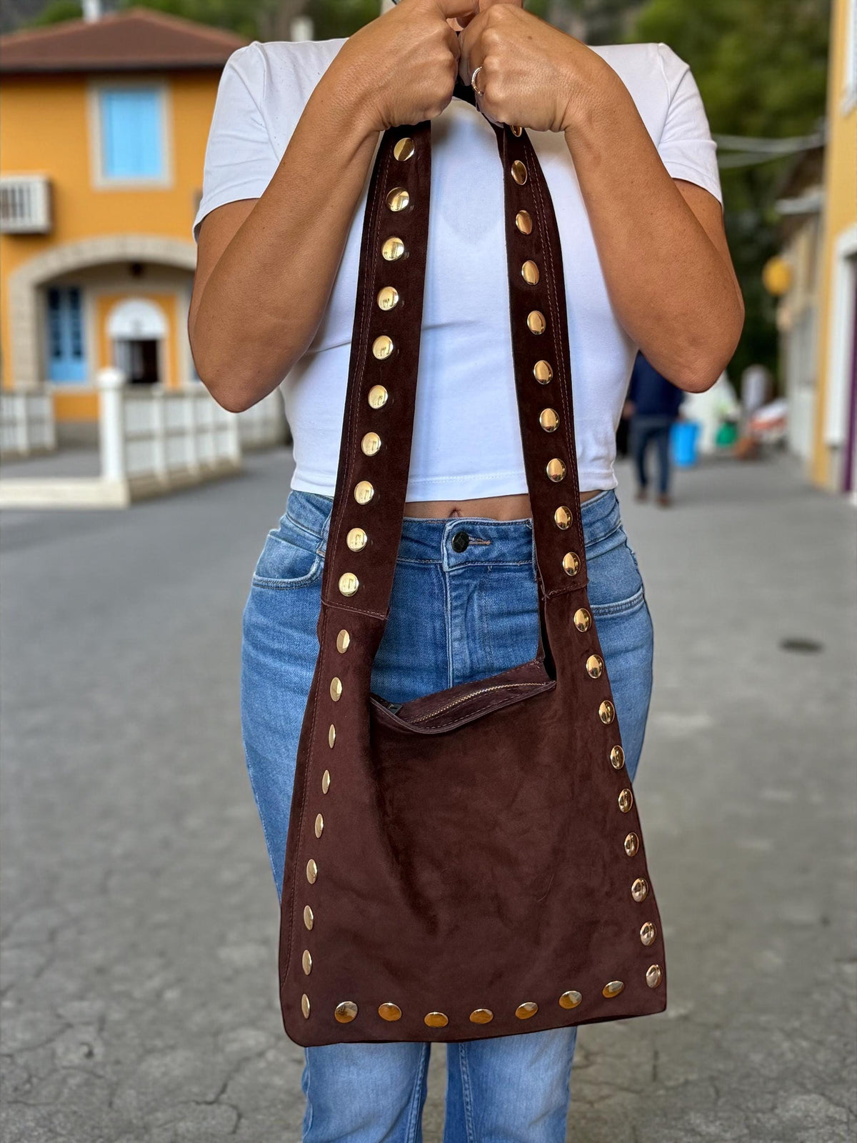 Large Studded Suede Shoulder Bag | Gold-Studded Boho Hobo Bag