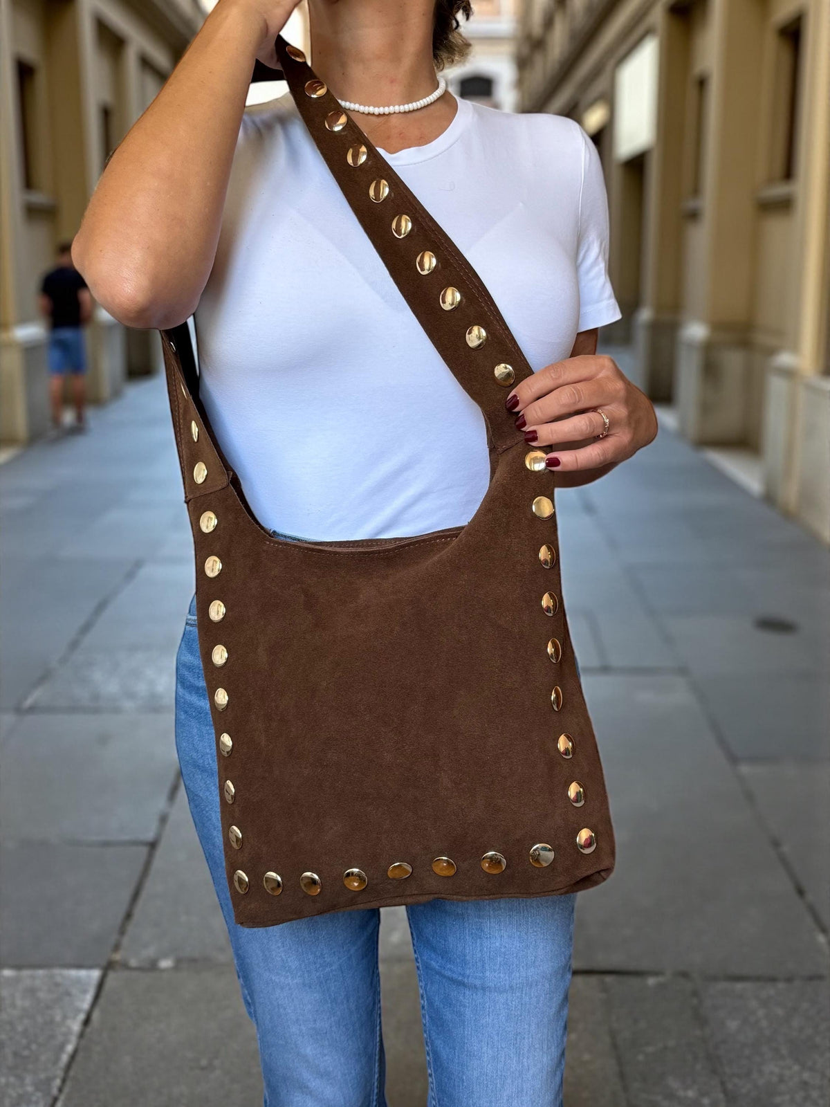 Large Studded Suede Shoulder Bag | Gold-Studded Boho Hobo Bag