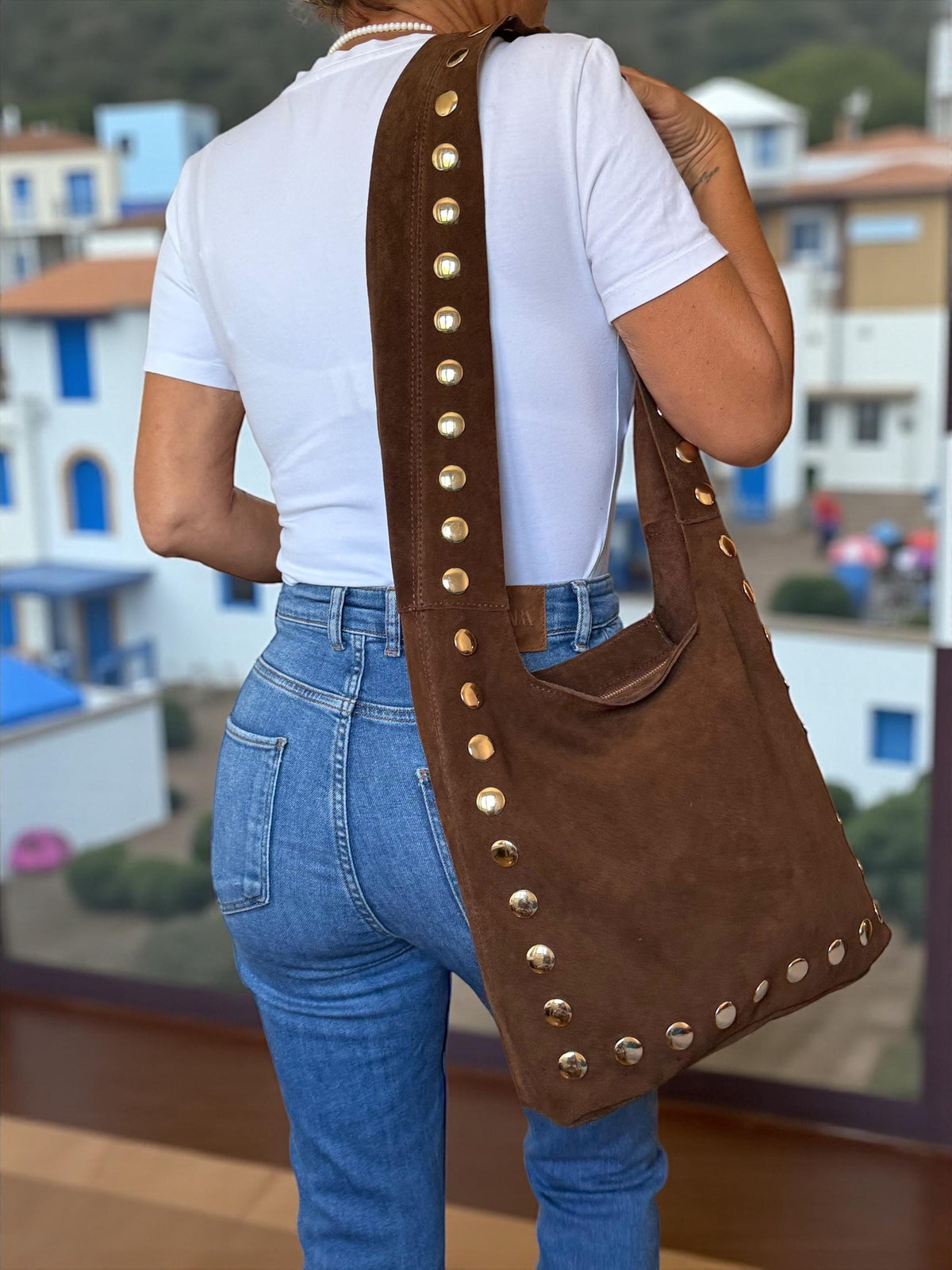 Large Studded Suede Shoulder Bag | Gold-Studded Boho Hobo Bag