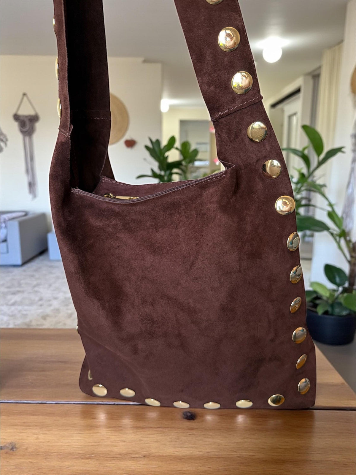 Large Studded Suede Shoulder Bag | Gold-Studded Boho Hobo Bag