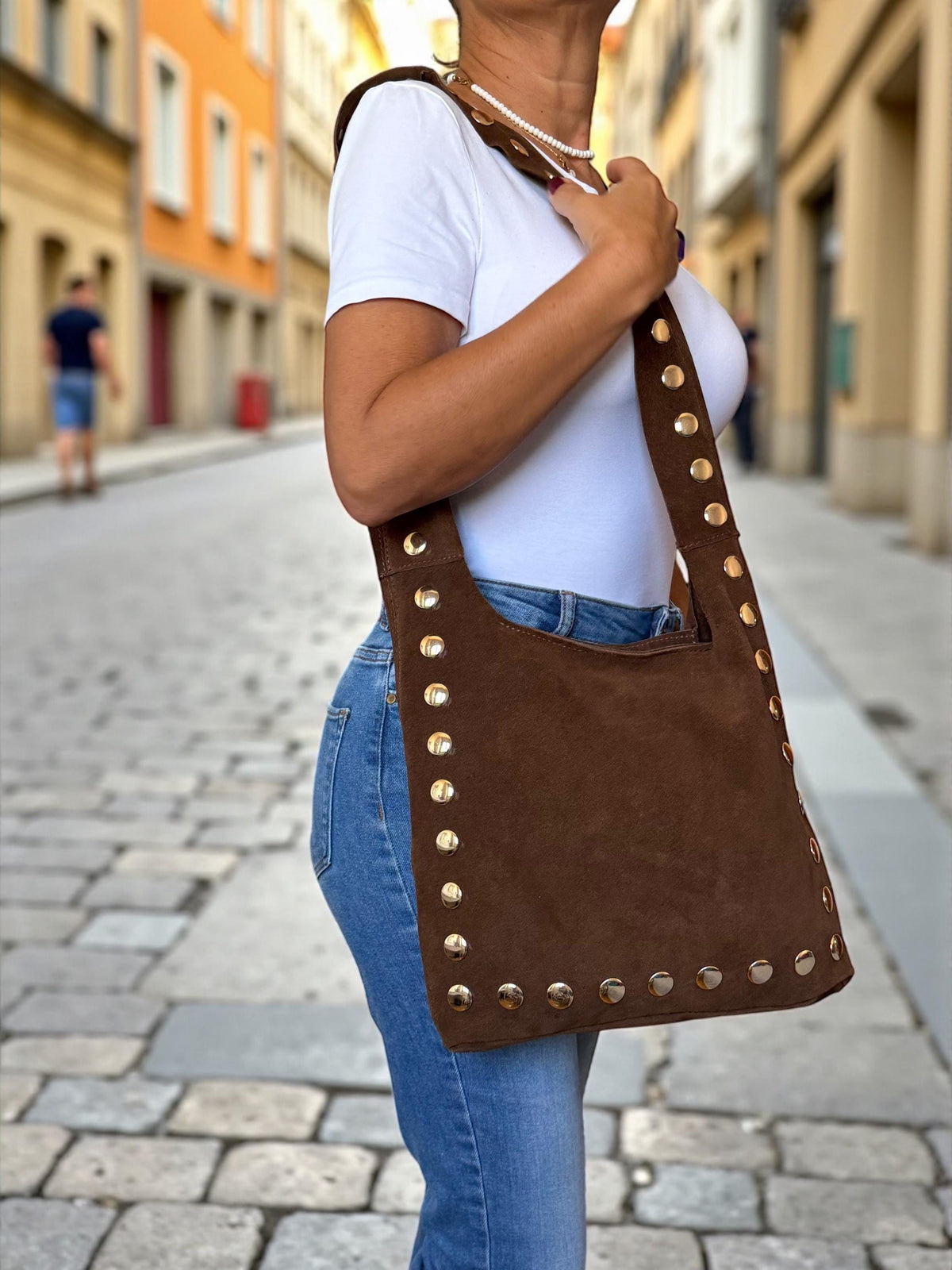 Large Studded Suede Shoulder Bag | Gold-Studded Boho Hobo Bag