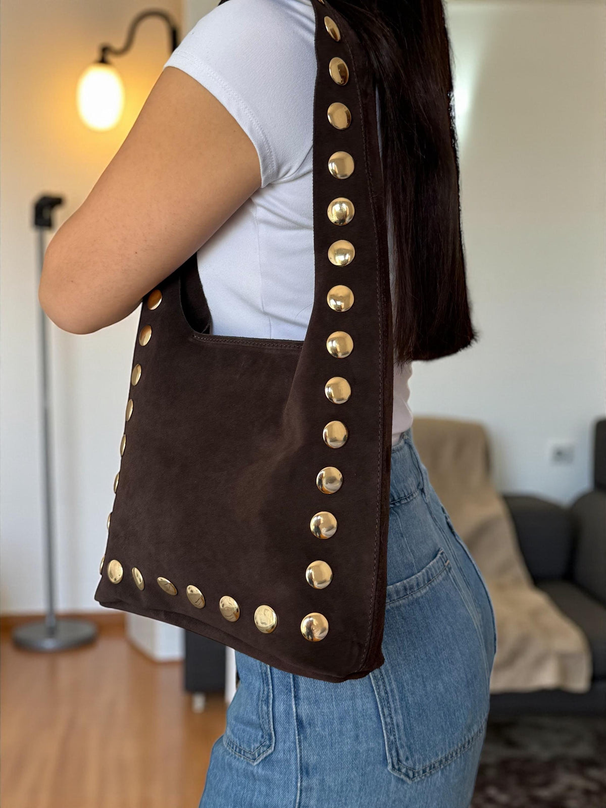 Ultra-Soft & Flexible Suede Studded Shoulder Tote Bag