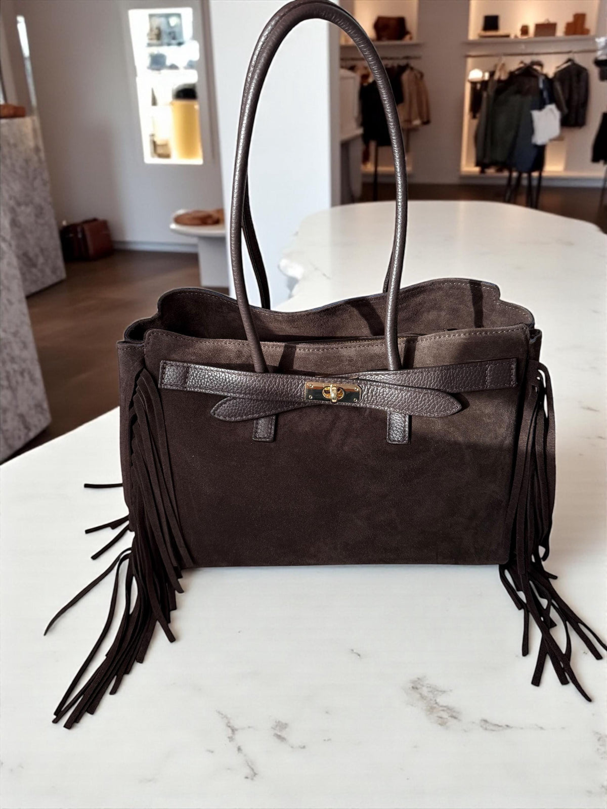 Dark Brown Suede Fringe Handbag | Italian Leather Boho Tote