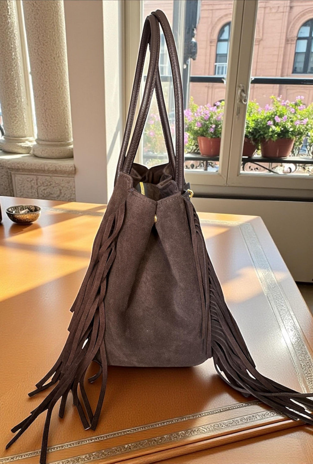 Dark Brown Suede Fringe Handbag | Italian Leather Boho Tote