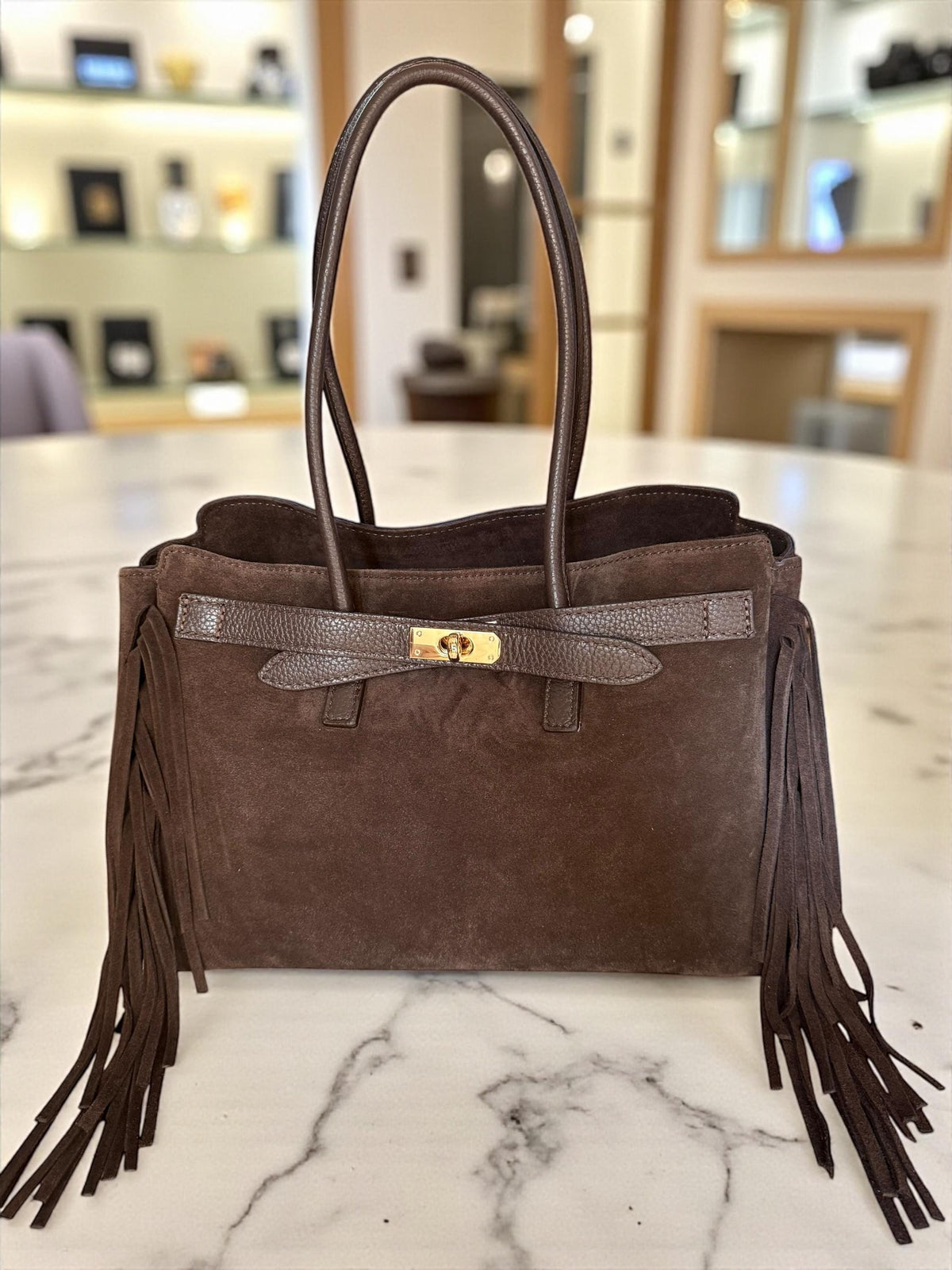 Dark Brown Suede Fringe Handbag | Italian Leather Boho Tote