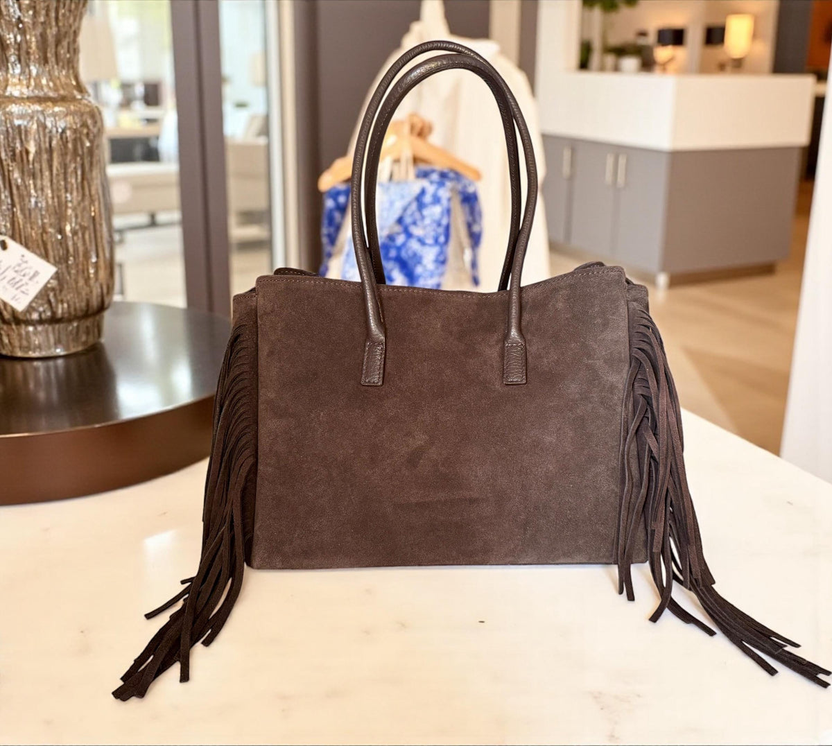 Dark Brown Suede Fringe Handbag | Italian Leather Boho Tote
