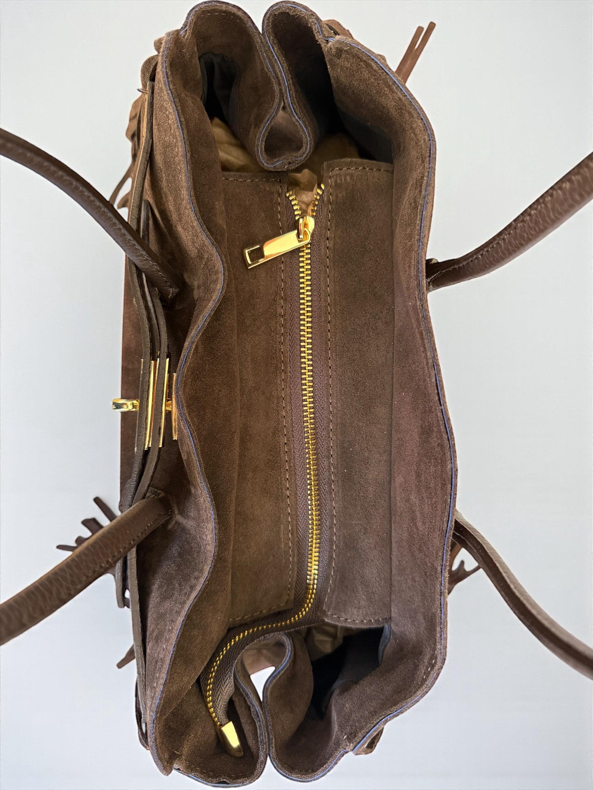 Dark Brown Suede Fringe Handbag | Italian Leather Boho Tote