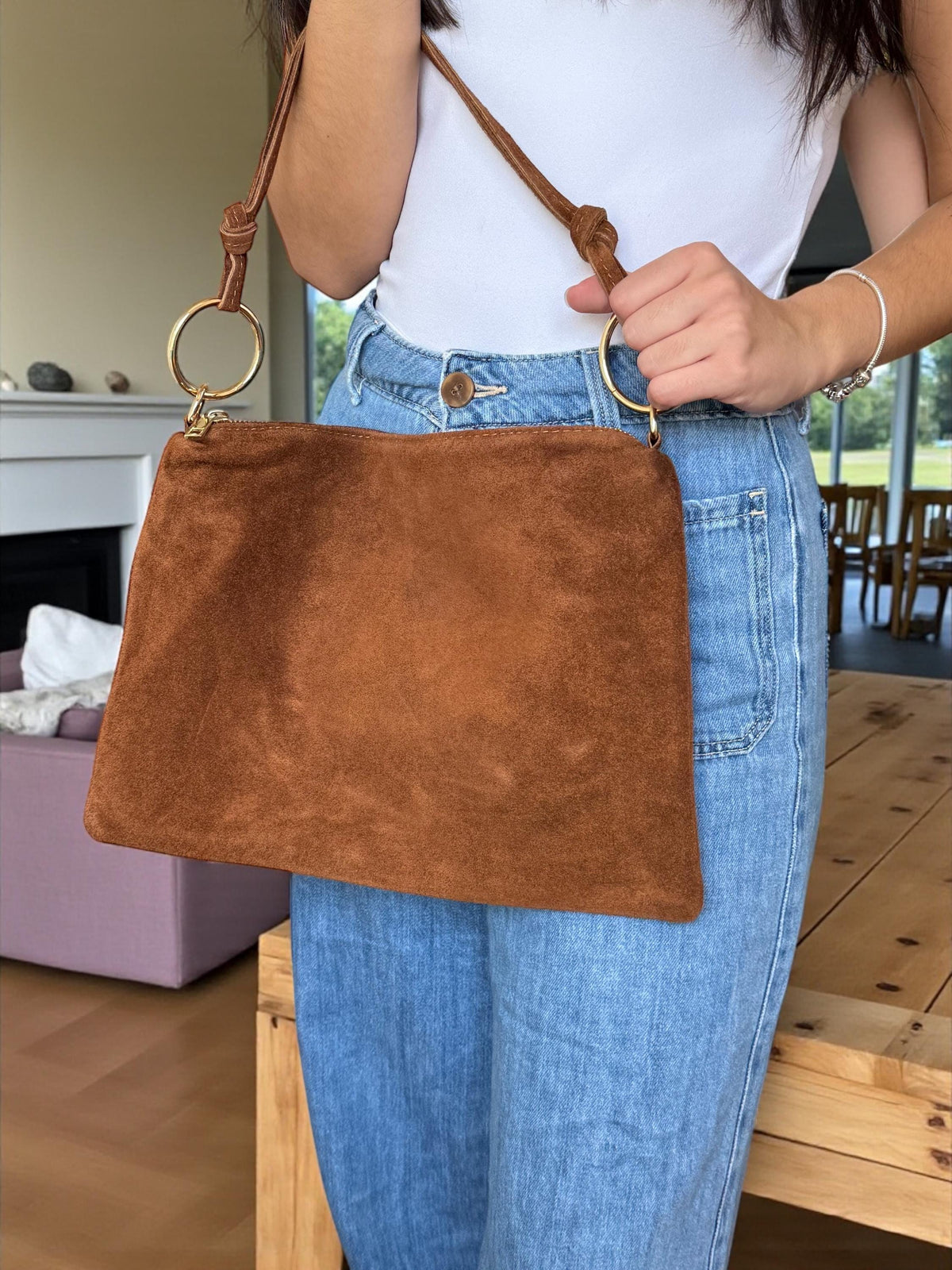 Suede Shoulder Boho Hobo Bag with Gold Rings & Knotted Strap | Quiet Luxury