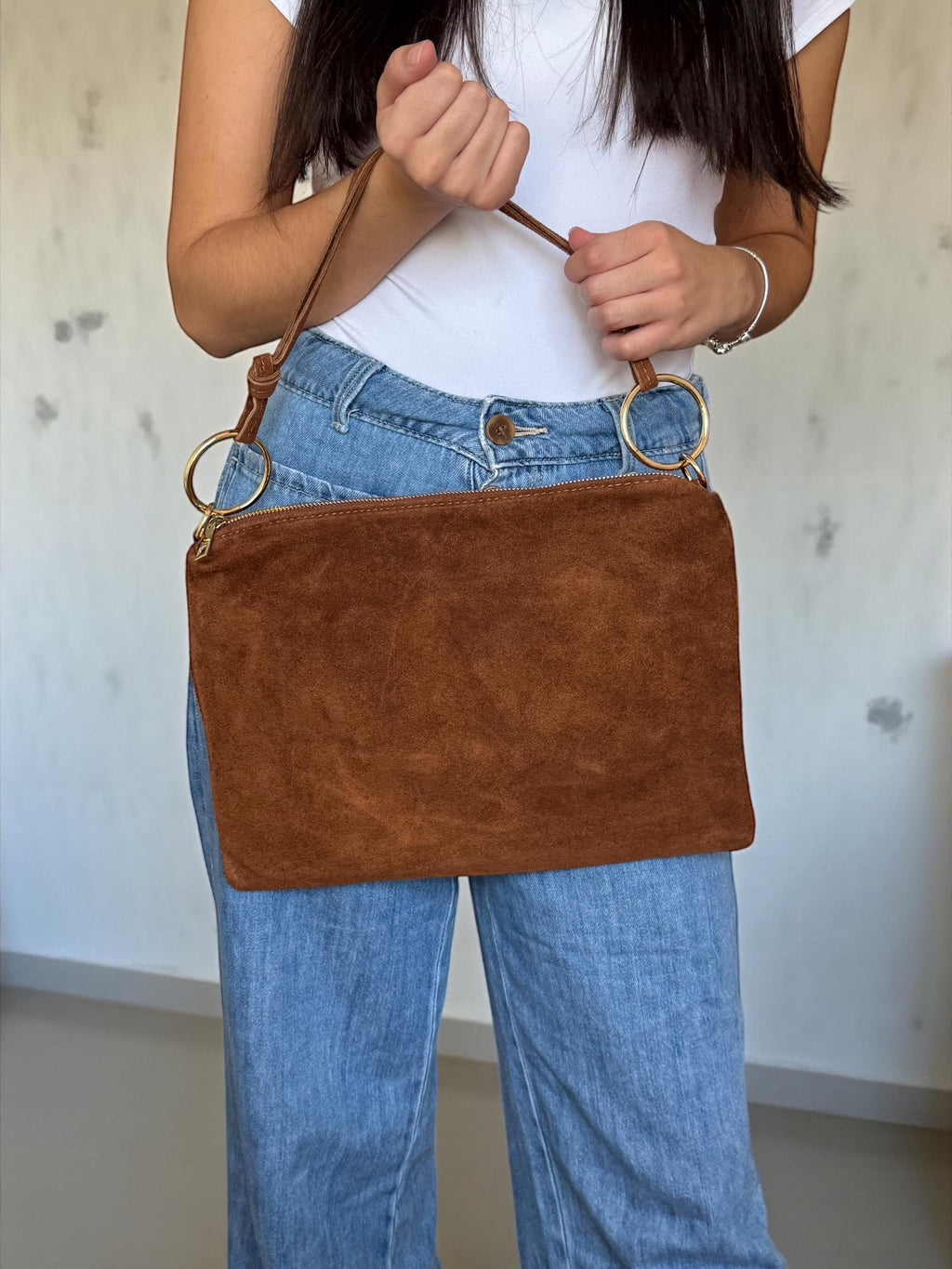 Suede Shoulder Boho Hobo Bag with Gold Rings & Knotted Strap | Quiet Luxury