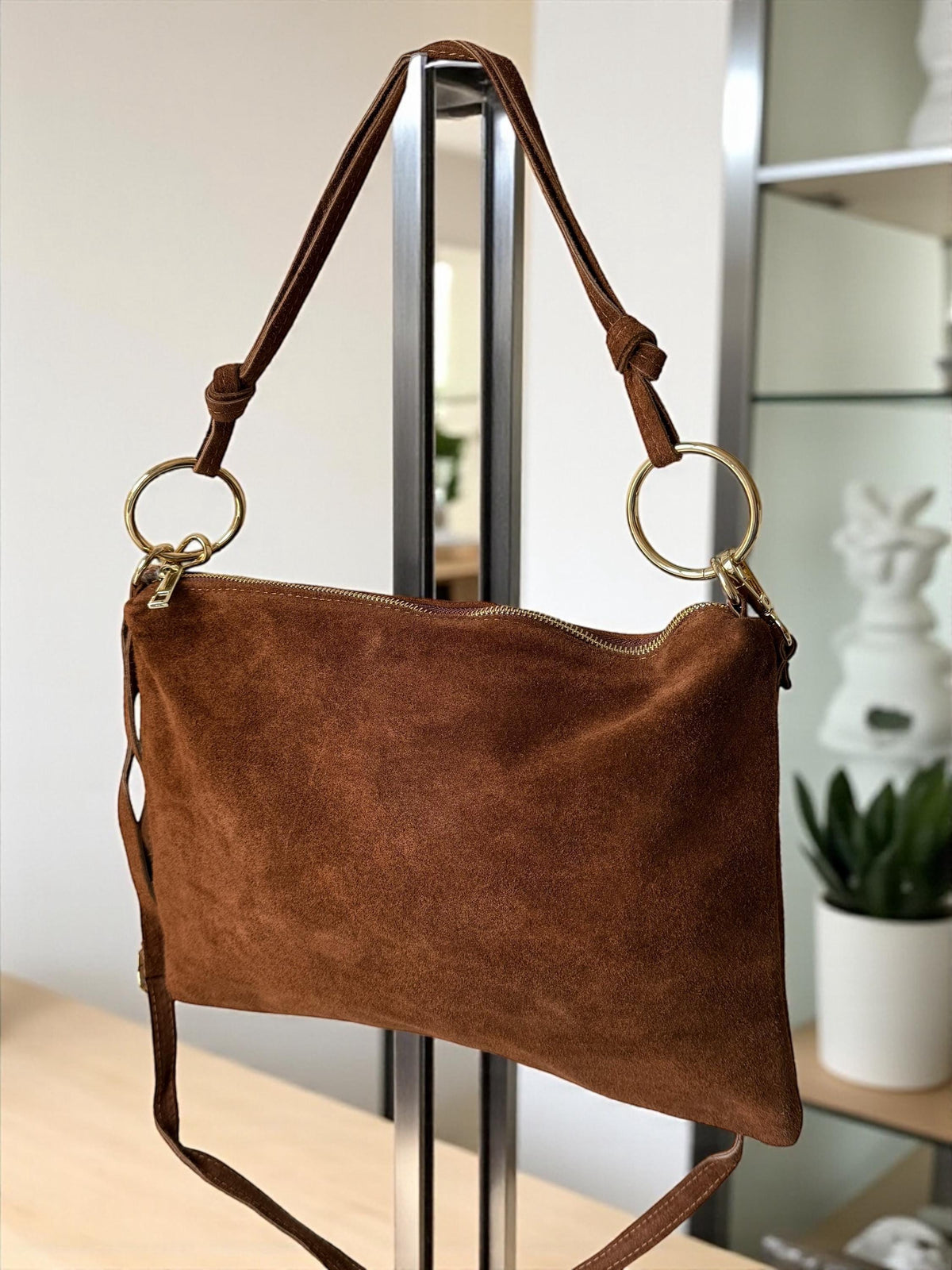 Suede Shoulder Boho Hobo Bag with Gold Rings & Knotted Strap | Quiet Luxury