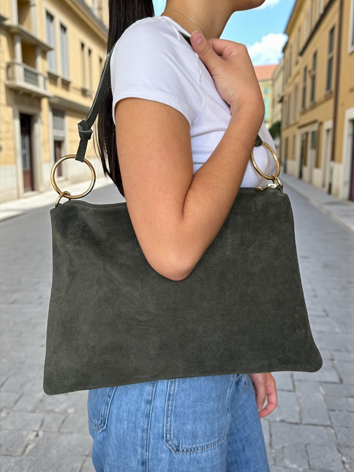 Suede Shoulder Boho Hobo Bag with Gold Rings & Knotted Strap | Quiet Luxury