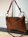 Suede Shoulder Boho Hobo Bag with Gold Rings & Knotted Strap | Quiet Luxury