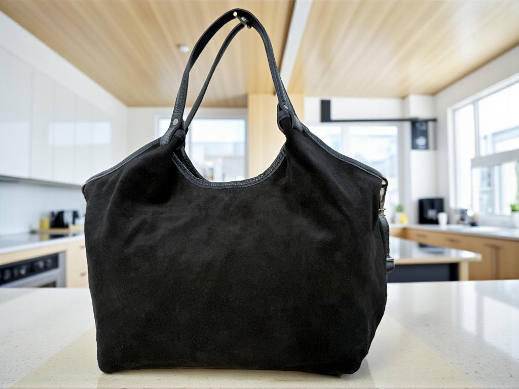 Medium-Sized Black Suede Shopper Bag